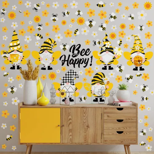 Vista 3 de Capoda 167 calcomanías de pared de gnomo de abeja, 6 hojas de calcomanías de pared de gnomo de girasol para ventanas de vidrio, calcomanías