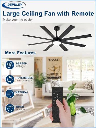 Vista 3 de Depuley Ventiladores de techo de 66" con luces: Ventilador de techo negro para interior/exterior para patios, sala de estar - 8 aspas Ventiladores