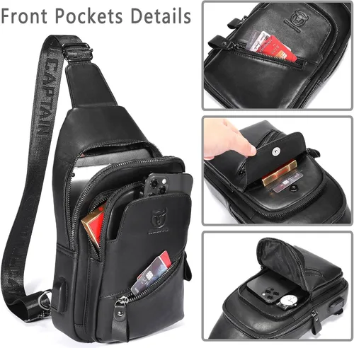 Vista 3 de BULLCAPTAIN Bolso bandolera de cuero para hombre, mochila cruzada con puerto de carga USB, mochila casual para hombro y pecho