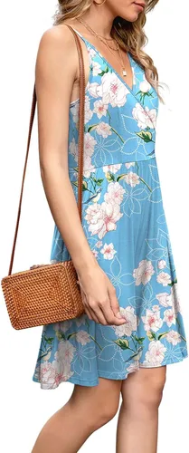 Vista 3 de WEACZZY - Vestido veraniego informal sin mangas para mujer, con vuelo, estampado floral, bolsillos, tirantes delgados y cuello en V