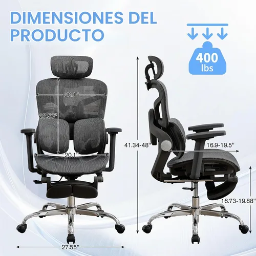 Vista 3 de Ergonomic Mesh Office Chair with 2-Zone Lumbar Support and Footrest,Black Negro