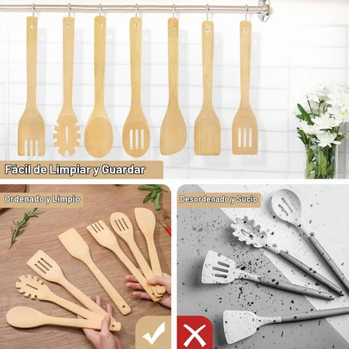 Vista 6 de [7 piezas] Las cucharas de madera para cocinar son para toda la cocina. Hechas de madera de bambú, espátula de madera y cuchara de madera de 11.8