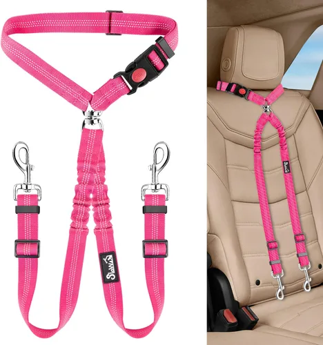 Vista 13 de Lukovee Cinturón de seguridad doble para perro, nuevo cinturón de seguridad doble para reposacabezas de automóvil, sin enredos, correa para perro