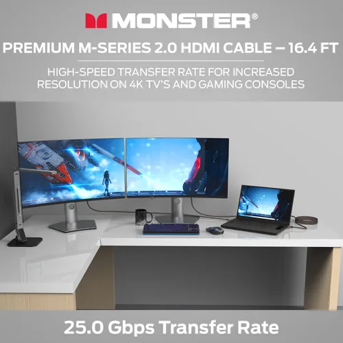 Vista 3 de Monster M-Series - Cable HDMI 2.0 de alta calidad certificado 2.0, 25 Gbps de alta velocidad, 4K UHD 60Hz, chaqueta Duraflex, blindaje de triple