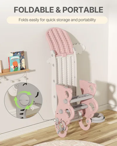 Vista 3 de Babytronic Tobogán para niños pequeños, juego de interiores y exteriores con aro de baloncesto y juego de anillos, tobogán plegable de plástico