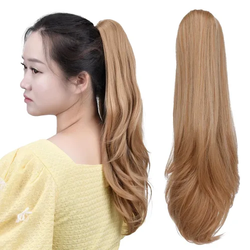 Vista 22 de Cola de caballo con clip, color castaño rojizo, ondulado de 10 pulgadas, extensión de cola de caballo de 3.3 onzas, extensiones de cabello sintético