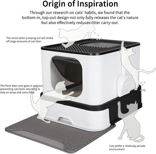 Vista 3 de RIZZARI Caja de acero inoxidable para gatos: bandeja de arena cerrada de gran capacidad negra con paredes altas, revestimiento de teflón