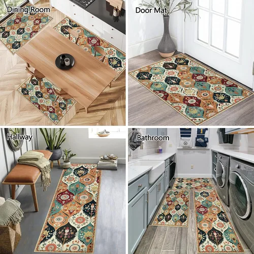 Vista 6 de Falflor Juego de 3 tapetes de cocina con diseño de enrejado marroquí, lavables, antideslizantes, tapetes de cocina suaves para piso, patrón floral