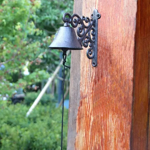 Vista 3 de Colgante de jardín al aire libre, campana rústica antigua de hierro fundido grande montado en la pared, timbre de metal para decoración fuera
