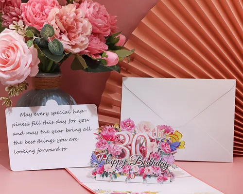 Vista 4 de PENTA ANGEL Tarjeta de felicitación de feliz cumpleaños 30 con diseño de flores 3D, regalo de cumpleaños de 30 años con sobre en blanco para su