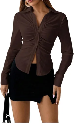 Vista 10 de SOLY HUX - Blusas de manga larga con botones y fruncidos para mujer, camisas de ajuste delgado, tops estéticos