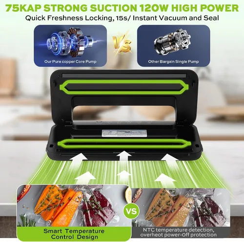 Vista 3 de 75KPa - Máquina selladora al vacío automática 6 en 1 Ahorro digital de alimentos con función de pulso Modos de alimentos secos y húmedos