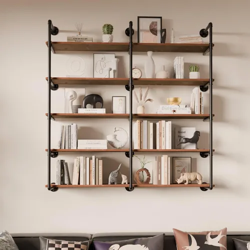 Vista 9 de Estante industrial de tubo de hierro de 5 niveles, estantería de tubo de 48 pulgadas con tablón de madera maciza, estantes abiertos para libros