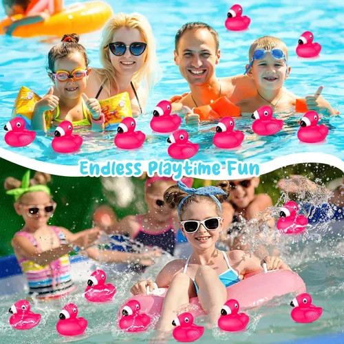 Vista 5 de Patos de goma flamencos para niños, 12 juguetes de baño de pato flamenco rosa, lindos patos de goma flotantes chirriantes para baby shower