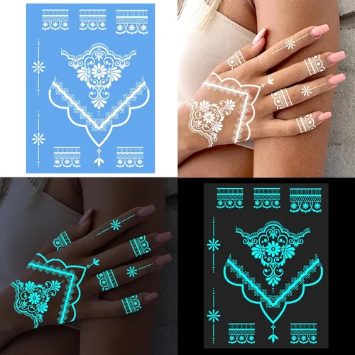 Vista 7 de Konsait 8 hojas de tatuajes luminosos temporales para mujeres y niñas, tatuajes temporales luminosos para mujeres, tatuajes de luz negra que brillan