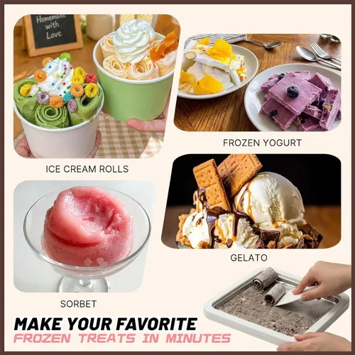 Vista 6 de Kit para hacer helados enrollados, máquina para hacer helados en casa con bandeja de congelación instantánea con tapa y 2 espátulas, máquina