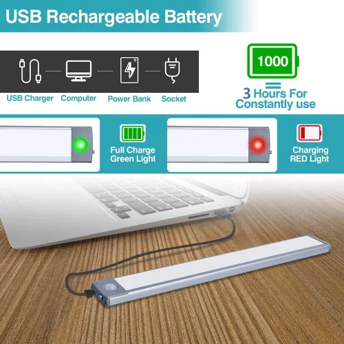 Vista 3 de Luz para debajo del gabinete con sensor de movimiento de 10 pulgadas, 7000 K, 1500 mAh, USB-C, recargable, magnética, inalámbrica, instalación sin