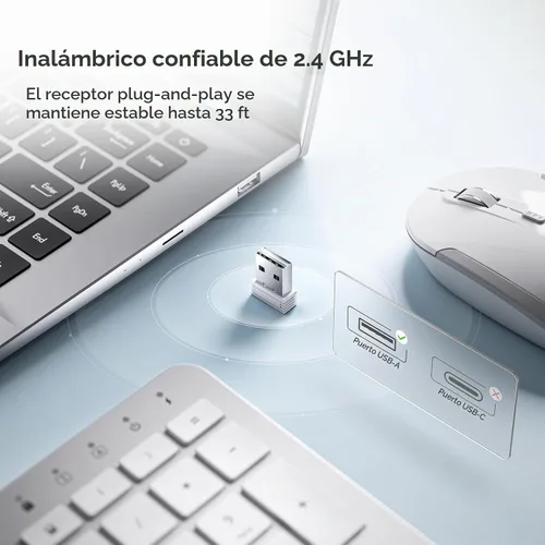 Vista 5 de iClever Teclado y ratón inalámbricos, GK08 Combo de teclado y ratón blanco, ergonómico, silencioso, diseño de tamaño completo con teclado numérico