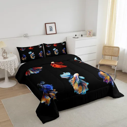 Vista 2 de Betta - Juego de ropa de cama de peces siameses coloridos de lucha contra el agua, juego de edredón de animales submarinos para niños y adultos