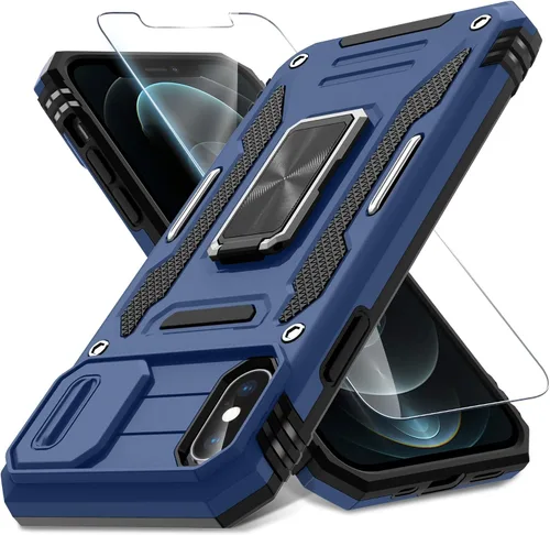 Vista 150 de DEERLAMN Funda para iPhone Xs Max con funda deslizante para cámara + protector de pantalla, soporte giratorio de anillo de grado militar a prueba