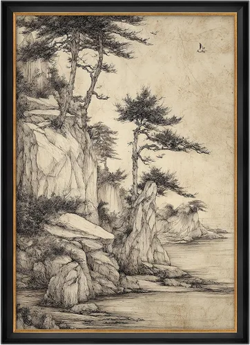 Vista 156 de MUDECOR Lienzo enmarcado prémium para pared, pinos nevados en bosque de invierno, ilustraciones modernas, arte contemporáneo, escénico, divertido