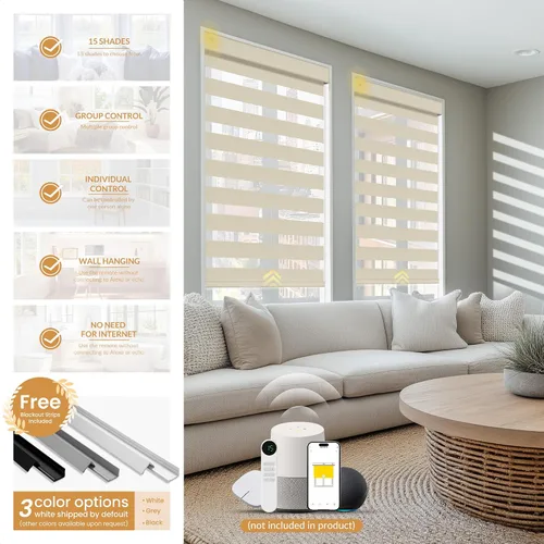 Vista 2 de Boolegon Persianas de cebra motorizadas con control remoto, persianas enrollables de cebra para ventanas con 95% de oscurecimiento, persianas