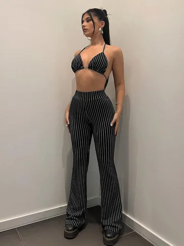 Vista 5 de MakeMeChic Pantalones casuales para mujer, pantalones largos de cintura baja con estampado de rayas