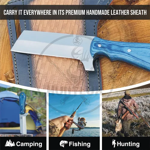 Vista 7 de Cuchillo cortador de toros de acero inoxidable de 8 pulgadas con funda para cinturón, cuchillo vaquero de espiga completa con mango de madera, hoja