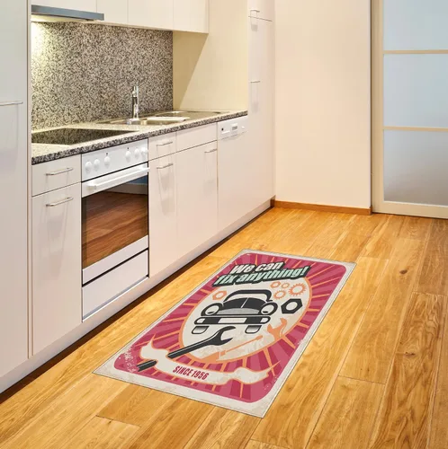 Vista 2 de Años 50 área alfombra por lunarable, Auto servicio taller mecánico de transporte mecánico cartel Retro Diseño Artístico, tela plano alfombra