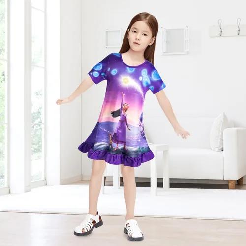 Vista 3 de KGDECYS Wish Star Asha Girls Short Ruffles Sleeve Toddler Costume Princess Dress up Cartoon Shirt Dress Kids Home Causal Wear