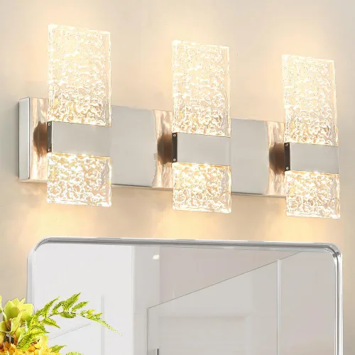 Vista 9 de Lámpara de tocador de baño moderna de cromo de 4 luces, elegantes accesorios de iluminación de baño de LED de cromo sobre espejo, accesorios