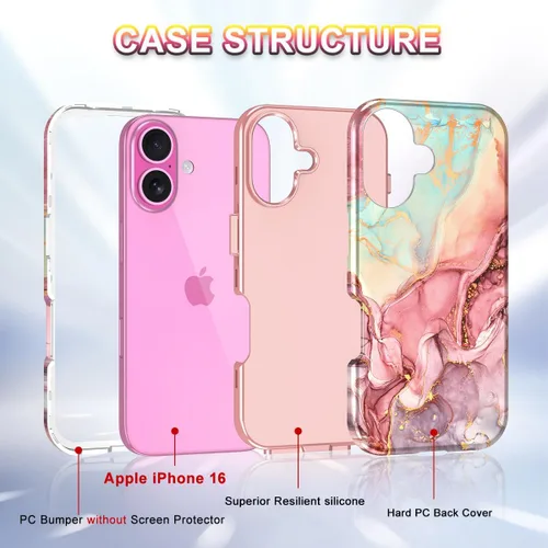 Vista 2 de Btscase Funda para iPhone 16 (2024), [probada en caídas de grado militar] Diseño de patrón de mármol delgado, resistente, a prueba de golpes