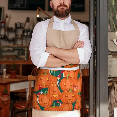 Vista 7 de Divertido delantal de cintura con patrón de calabaza de Halloween con 3 bolsillos, medio corto, para camarero, restaurante, cocina, delantales