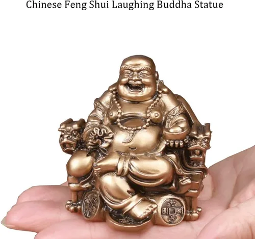 Vista 2 de Estatua de Buda riendo para la buena suerte, figura de Buda de resina Happy Money, 3.2 pulgadas de alto, estatua de Buda chino Feng Shui Maitreya