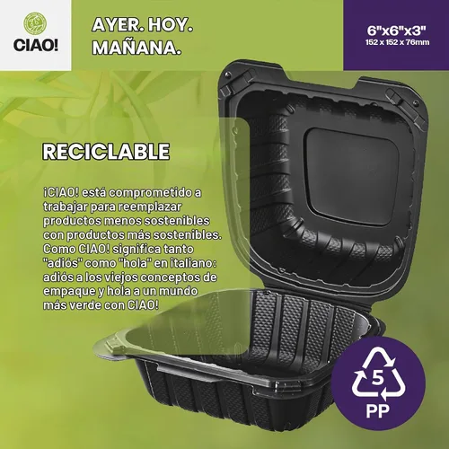 Vista 3 de CIAO! Contenedor negro con bisagras MFPP de 6"x6"x3" con tapa, 1 compartimento (caja de 300)