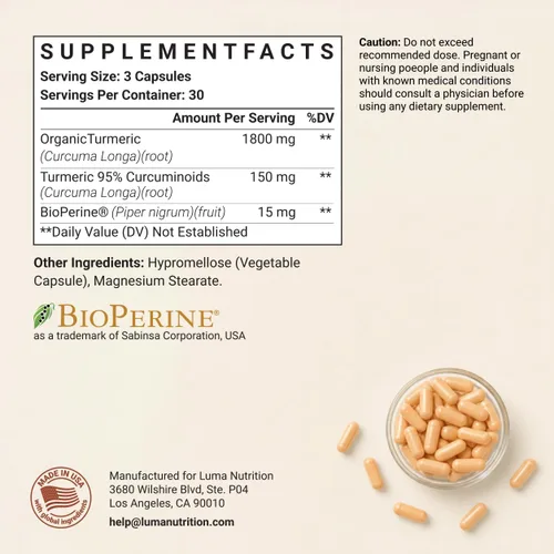 Vista 6 de Luma Nutrition Curcumina de cúrcuma con pimienta negra, 95% curcuminoides, 1950 mg por porción, suplemento de cúrcuma premium, con BioPerine