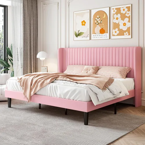 Vista 13 de SHA CERLIN - Marco de cama de terciopelo tamaño matrimonial, cabecera con alas copetudas, color negro 47'' Modern Vertical Channel Headboard