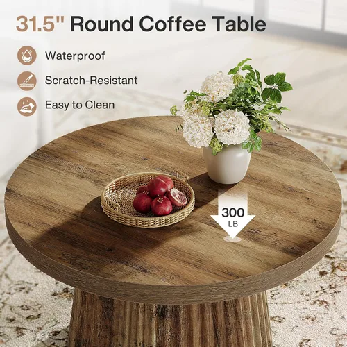 Vista 4 de Tribesigns - Mesa de café, mesa de café redonda pequeña de 31.5" de estilo granja con base de tambor estriada, mesa central de acento boho moderna