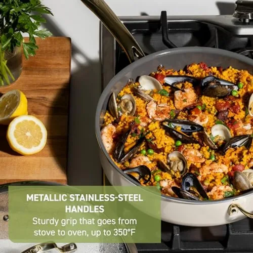 Vista 4 de T-Fal Preserve - Juego de 2 sartenes antiadherentes de cerámica, 8.5" y 11", apto para horno y parrilla hasta 350°F, tecnología InoCeram Glide, Beige