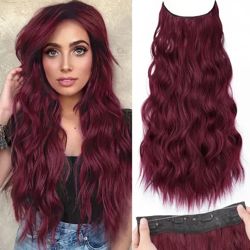Vista 21 de KooKaStyle - Extensiones de cabello con hilo invisible, diadema transparente, ajustables, 4 clips fijadores, cabello largo y ondulado de 12