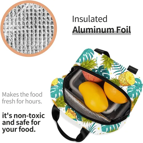 Vista 6 de Bolsa de almuerzo aislada Hmklpi con piñas, bolsillo frontal, reutilizable, con cierre de cremallera para hombres y mujeres
