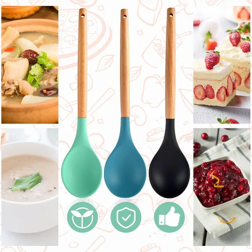 Vista 7 de 3 cucharas grandes de silicona para mezclar con mango de madera, antiadherentes, resistentes al calor, herramientas de mezcla de cocina