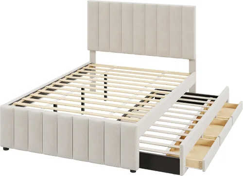 Vista 5 de Cama de plataforma tapizada de tamaño matrimonial con nido de tamaño individual y 3 cajones, plataforma tapizada de tela de lino con cabecero a