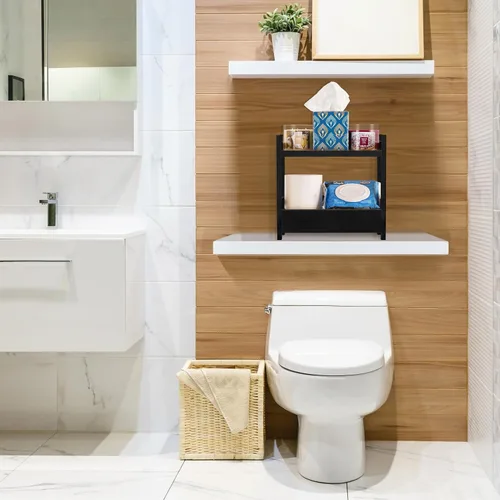 Vista 7 de Sorbus Organizador de encimera de baño de bambú, estante de 2 niveles con cajón oculto para tocador, estación matcha, organizador de fregadero