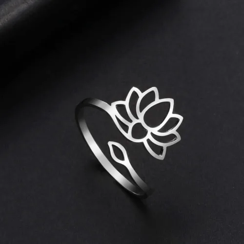 Vista 2 de kkjoy Anillo de yoga de flor de loto de acero inoxidable con diseño de loto ajustable, anillo de dedo abierto, regalo inspirador para mujeres