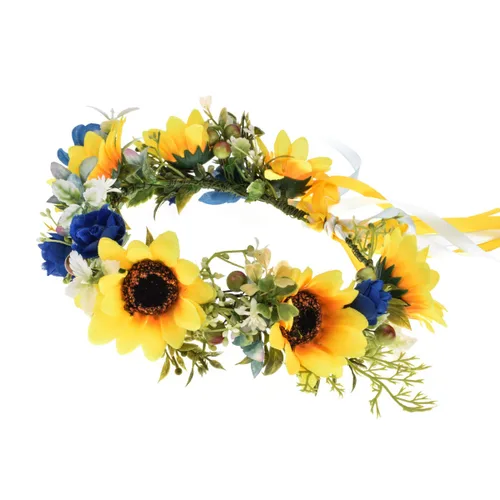 Vista 2 de Daisy Crown - Corona de girasol para maternidad, para fotos de cumpleaños, boda, festival, floral, NC33 (amarillo azul), Amarillo Azul