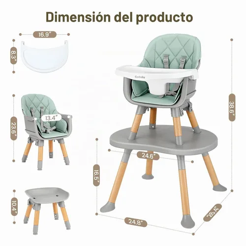Vista 6 de Ezebaby Silla alta convertible para bebé con mesa y asiento, silla de alimentación ajustable 8 en 1, asiento elevador de comedor de múltiples etapas