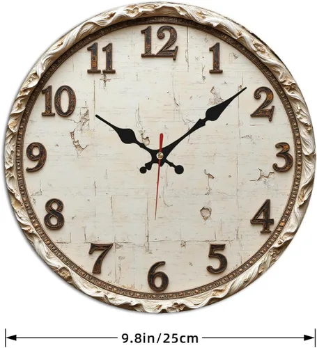 Vista 4 de Reloj de pared de madera envejecida blanco vintage con números tallados 9.8x9.8 in