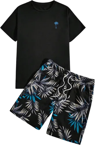 Vista 101 de GORGLITTER Conjunto de 2 piezas de camiseta gráfica de manga corta para hombre, estampado hawaiano con cordón y pantalones cortos