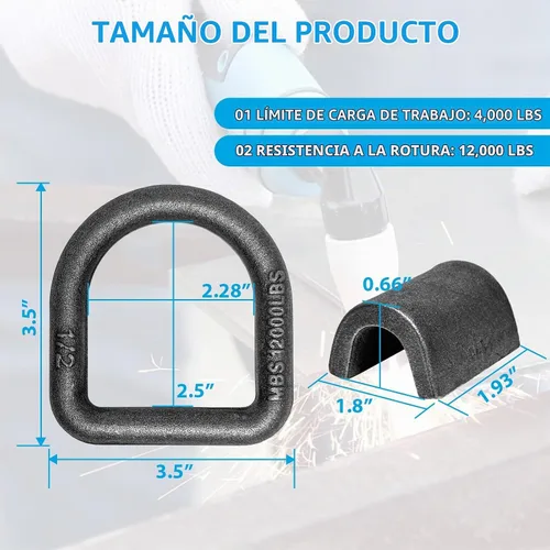 Vista 2 de Anillo en D forjado soldado resistente de 1/2 pulgada con MBS: 12,000 libras, anillo en D de anclaje de amarre con puntos de anclaje de soldadura